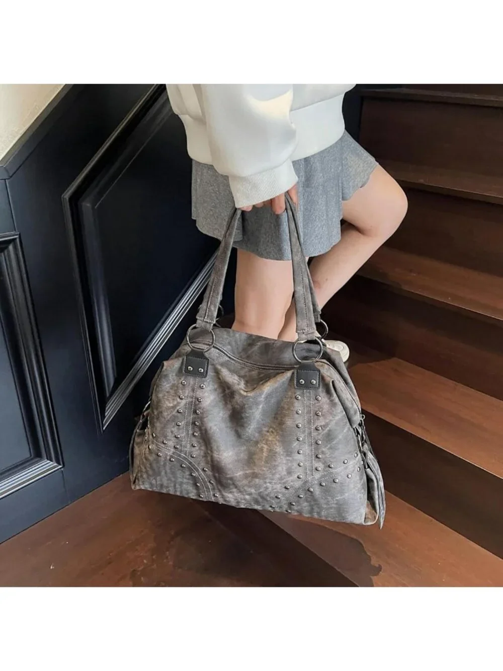 Trendy Faux Leather Studded Tote Handbag | Y2K Punk Hobo Shoulder Bag for Women